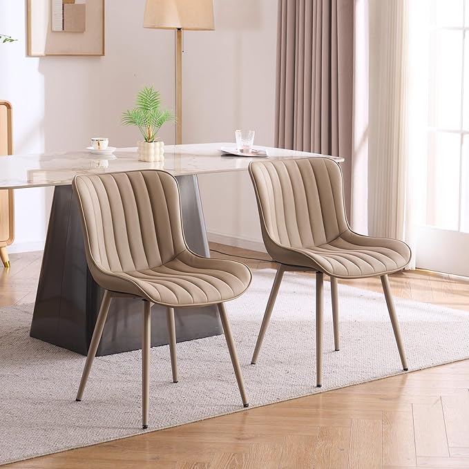 YOUNUOKE Mid-Century Modern Dining Chairs Set of 2, Khaki PU Leather Upholstered Kitchen Chairs with Khaki Metal Legs, Armless Accent Chair for Dining Room, Guest Reception Room