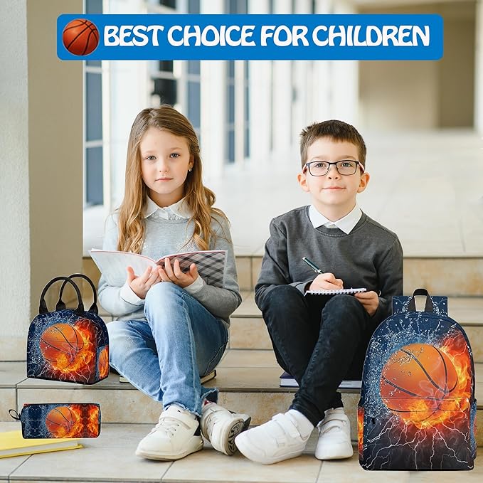 3PCS Backpack for Boys Girls, Kids Basketball Back to School Backpack Sets with Lunch Bag Pencil Case, 17 Inch Lightweight Bookpack 3 in 1 Set for Teens Elementary Middle High School Students