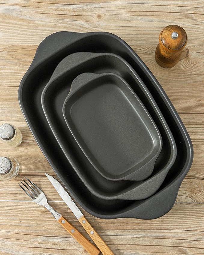 Tikooere Casserole Dish for Oven,Ceramic Baking Dishes, Stoneware Bakeware Set of 3,Deep Casserole Dishes for Baking,Casserole,Cake Dinner and Daily Use,0.63/1.8/4 QT,Matte Black