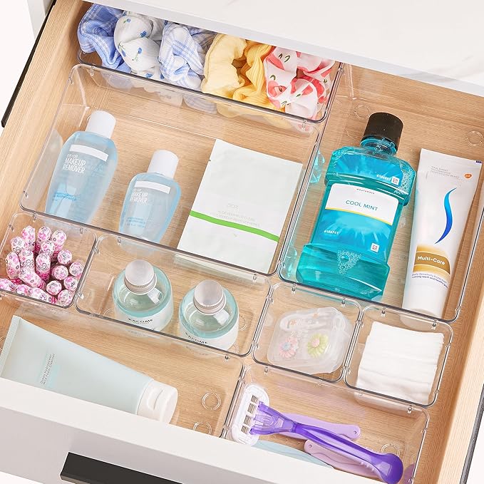 Vtopmart 44 PCS Clear Plastic Drawer Organizers Set, 4-Size Versatile Bathroom and Vanity Organizer Trays, Non-Slip Storage Containers for Makeup, Jewelries, Bedroom,Kitchen Utensils and Office