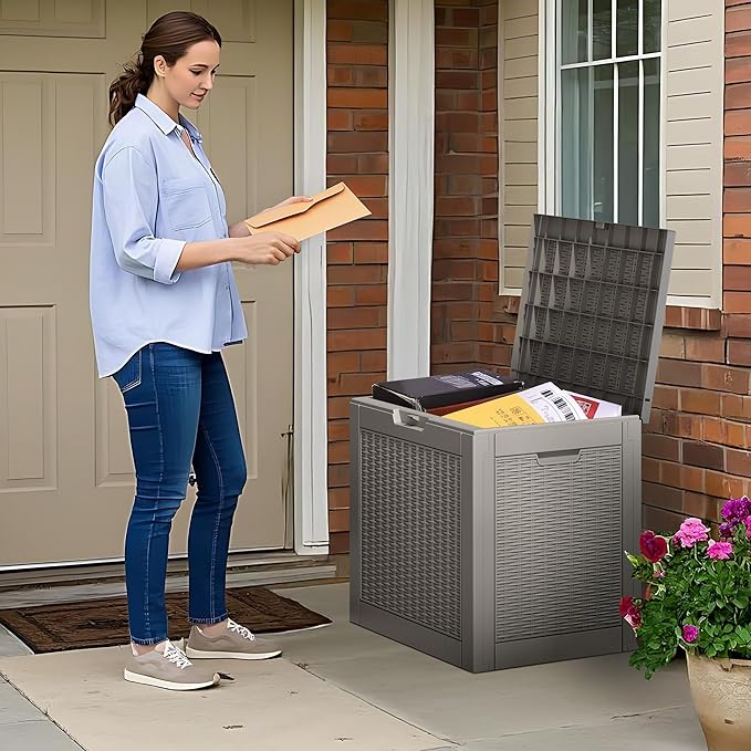 35 Gallon Outdoor Storage Box, Waterproof Resin Deck Box with Lockable Lid, Patio Furniture Side Table & Storage Bin for Package Delivery, Patio Cushions, Garden Tools, Pool Accessories, Grey