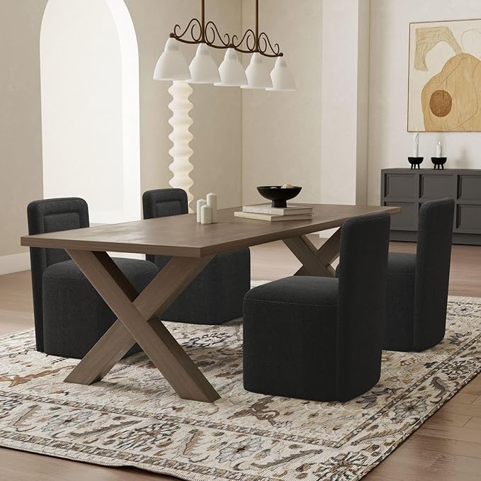 Black Upholstered Dining Chairs Set of 6, Armless Modern Sherpa Dining Chairs with High Back, Kitchen Chair for Dining Room/Restaurant/Living Room