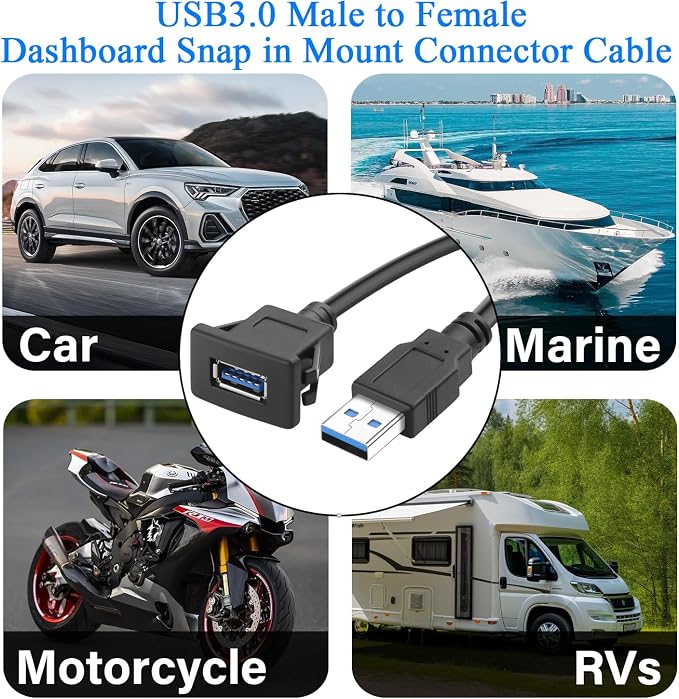QIANRENON 5Gbps USB3.0 Square Snap on Mount Adapter Short Cable USB3.0 Male to Female Flush Fixed Mount Charging Data Connector Extension Cable 5V/2A for Desktop Dashboard Panel 30cm/11.8in