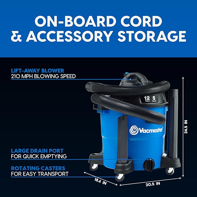 Vacmaster Blue Line 12-Gallon* 5 Peak HP† Wet/Dry Vacuum with Detachable Blower VBV1210