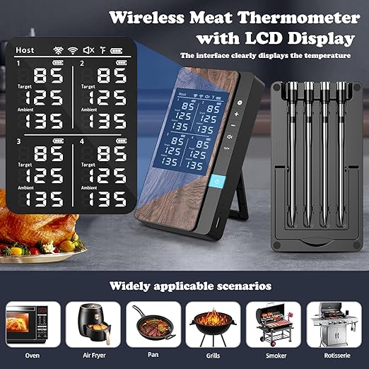 PRAVETTE Wireless Meat Thermometer-Multi Sensors Digital Food Thermometer with Ultra-Thin Probes, Accuracy Smart Bluetooth Meat Thermometer for Steak, BBQ, Oven, Grill, Smoker (4 Probes)