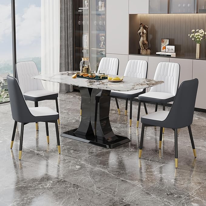 Dining Chairs Set of 6,Modern Dining Chairs, Equipped with PU Leather Backrest Cushions and Black Metal Legs, Suitable for Restaurants, Kitchens, and Bedrooms Dining Room Chairs