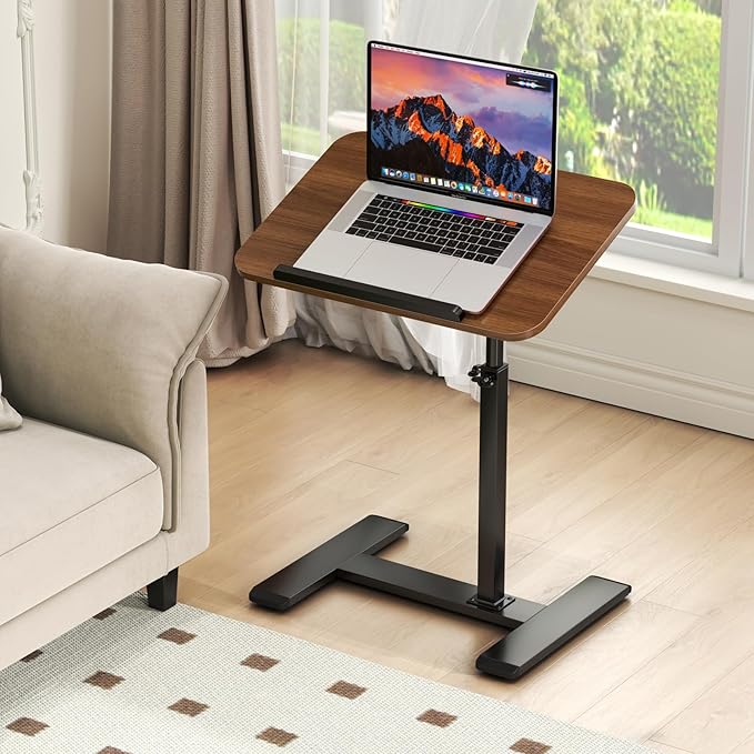 Adjustable Height C Shaped Side Table,360°Swivel Overbed Table,Top Tilting Laptop Stand Table with Hidden Wheels,Mobile Couch End Tables that Slide under,Rolling TV Coffee Table for Sofa/Bed(walnut)