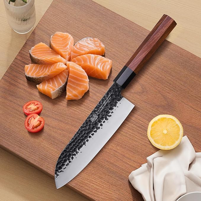 FINDKING Japanese Santoku Knife 7 Inch, Multipurpose Japanese Chef Knife with High Carbon Steel Blade, Rosewood Octagonal Handle, for Meat, Fish, Fruits and Vegetables, Dynasty Series