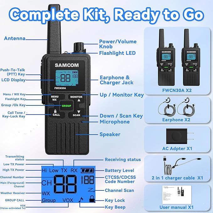 SAMCOM Walkie Talkies for Adults Long Range Rechargeable 2 Pack FWCN30A 2 Way Radios, Hiking Camping Gear for Family USB Charging 1250mAh NOAA Weather Alert