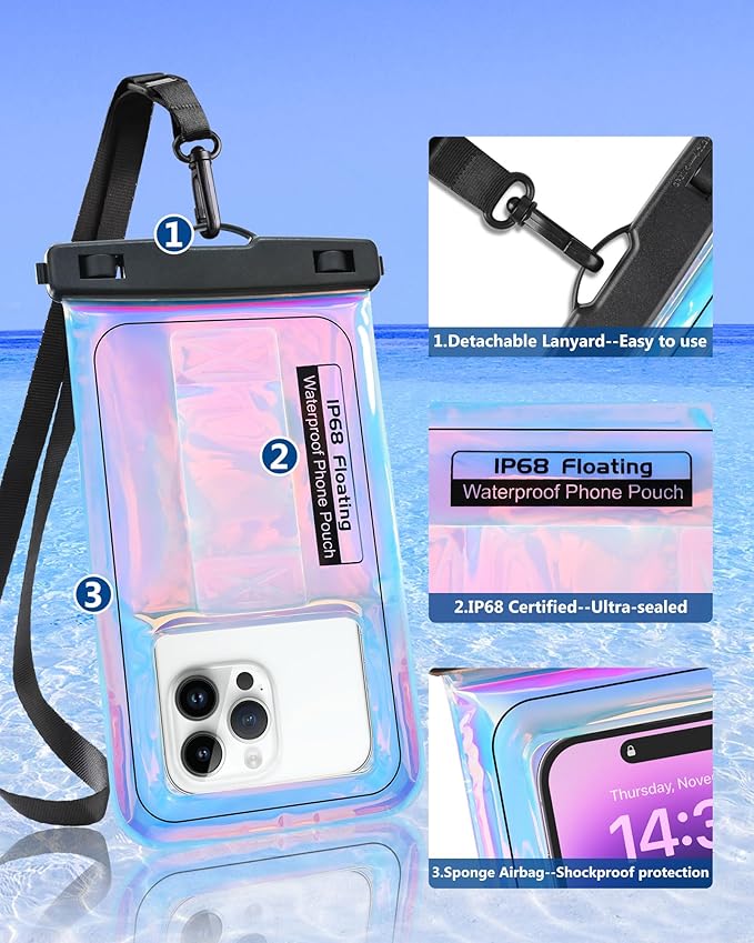 Waterproof Phone Pouch Floating, IPX68 Waterproof Phone Case with Lanyard for iPhone 16 15 14 13 12 Pro Max Samsung S25 S24 S23 S22, Up to 7 Inch, Beach Vacation Essentials, Dazzling Purple