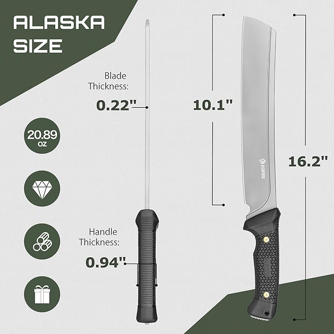NedFoss 16" Survival Machete with Sheath, D2 Steel 0.22" Thick Full Tang Blade Machete Knife with Flat Grinding, Machete for Cutting Trees, for Yard Work, Clearing Brush with TPE Handle