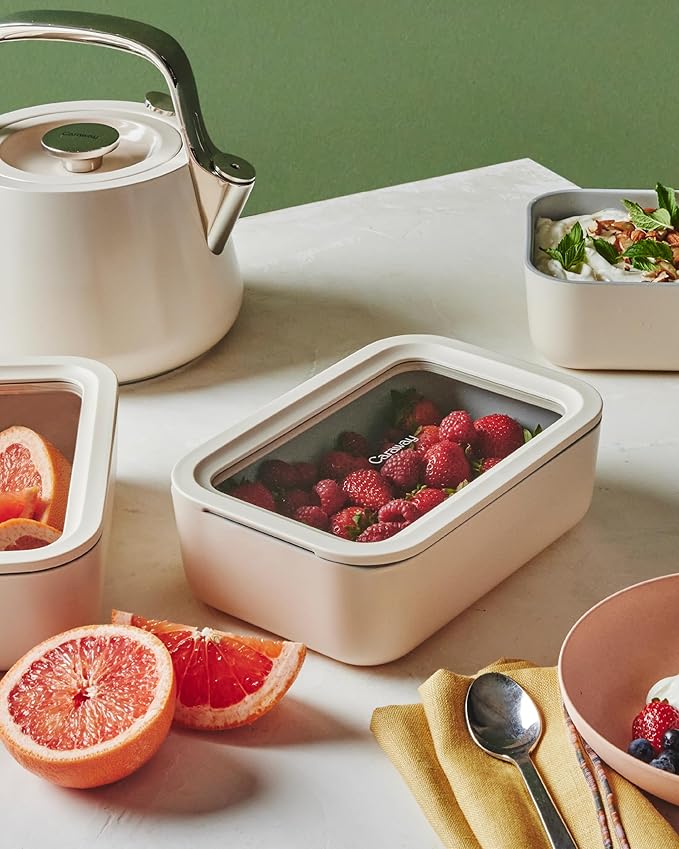 Caraway Glass Food Storage - 6.6 Cup Glass Container - Ceramic Coated Food Container - Non Toxic, Non Stick Lunch Box Container with Lids - Dishwasher, Oven, & Microwave Safe - Sage