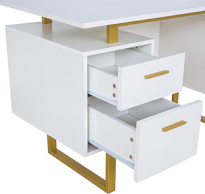 Techni Mobili Storage Drawers and Cabinet 51.25” W-Modern Office Large Floating Desktop Surface Desk, 23.6" D x 51.2" W x 29.8" H, White/Gold