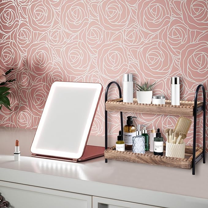Bathroom Countertop Organizer, 2 Tier Vanity Organizer and Storage for Cosmetic Skincare Perfume, Wood Bead Storage Shelf for Bathroom Kitchen Coffee Station