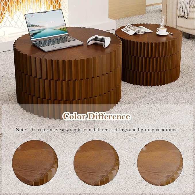 Round Nesting Tables - Handcraft Relief Veneered Walnut Fluted Circular Coffee Table Set of 2 with Non-Slip Bottom Pads for Living Room Balcony Bedroom Study (B 26.8+19.7in)