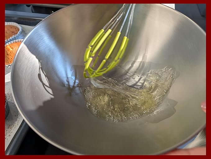 JOKUMO Balloon Silicone Egg Whisk with Spatula Scraper Wires, 18/10 Stainless Steel, Non-Stick Pan Safe, Ergonomic Tube Handle Perfect for Blending, Whisking, Beating and Stirring, 11 inch (Red)