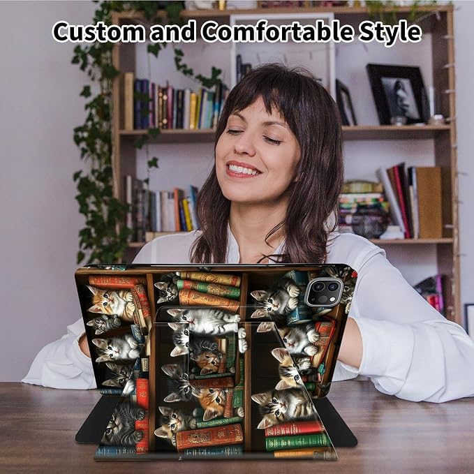 Case for iPad Pro 12.9 Inch 6th/5th/4th Gen (2022/2021/2020)360 Degree Rotating Protective Stand Cover with Auto Wake/SleepVintage Bookshelf and Cats