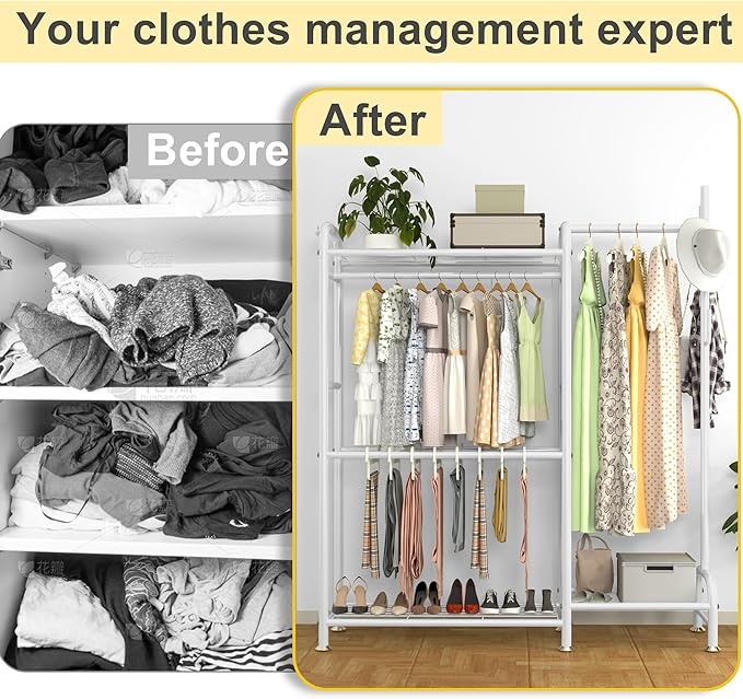 GAIOUS White Portable Closet Rack Wardrobe Clothes, Metal Garment Rack with Shelves for Hanging Clothes Rods,Freestanding Closet Wardrobe Organizer for Cloakroom, Bedroom