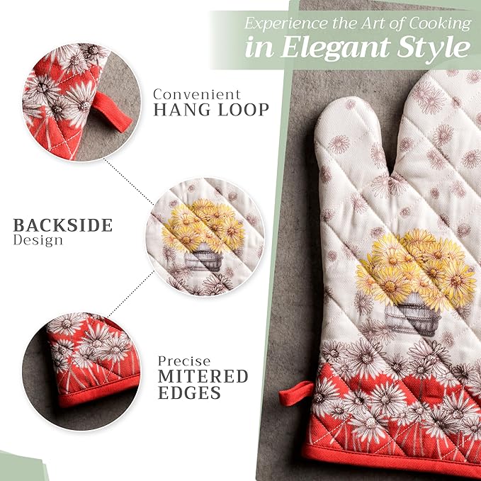Maison d' Hermine Oven Gloves 100% Cotton Oven Mitt 7" x 13" with Loop Heat Resistant BBQ Cooking Gloves for Thanksgiving Christmas Decorations Baking Handling Hot Pans (Pack of 1, Bagatelle)