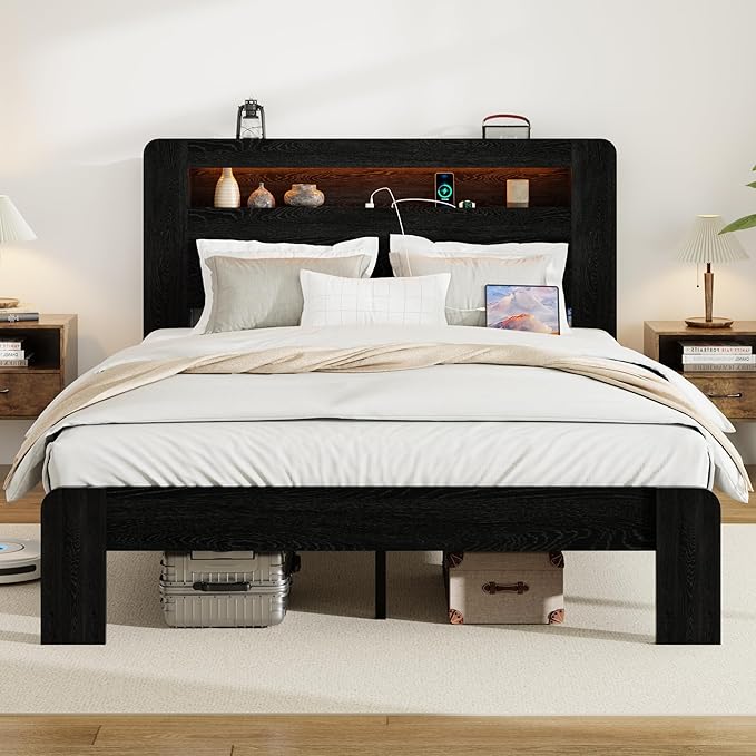Wood King Size Bed Frame with Headboard, Farmhouse Platform Bed Frame with Bookcase Shelf,LED Lights,Charging Station,Heavy Duty Supports,No Box Spring Needed,Dark Black
