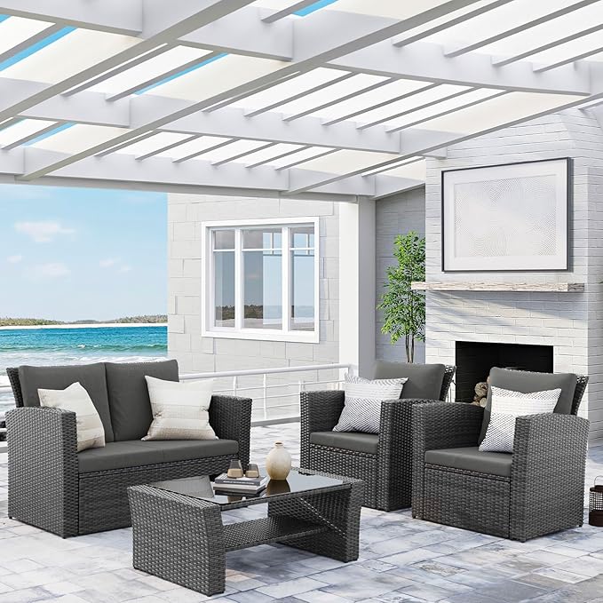 Wisteria Lane 4 Piece Patio Furniture Set, Wicker Outdoor Patio Conversation Furniture Set, All Weather Outdoor Patio Sofa with Cushion and Glass Table, Dark Grey