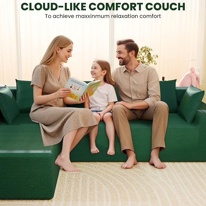 LEVELEVE 107" Cloud Sectional Couch with Deep Seat,Modern Modular Sofa with L-Shape Chaise,No Assembly Required, Upholstered Couches for Living Room Bedroom(Green,Left Facing Chaise)