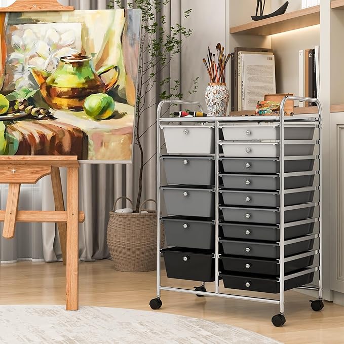 COSTWAY 15 Drawers Storage Cart, Multipurpose Rolling Utility Cart on Wheels w/Lockable Wheels & Removable Drawers, Mobile Tools Scrapbook Paper Organizer Cart for Office School Home, Mixed Black