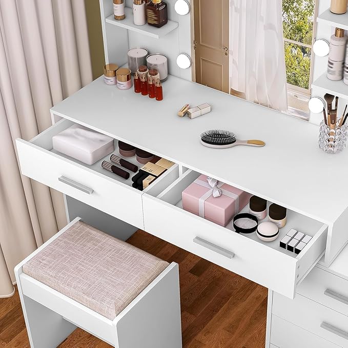 Vanity Desk with Mirror & Lights, Makeup Vanity with 6 Drawers, 6 Open Shelves and Power Outlet, 48” Storage Makeup Vanity Desk with Stool Bench for Women, Girls, Bedroom, White
