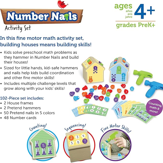 Learning Resources Number Nails Activity Set - Math Manipulatives for Preschoolers Games, Counting Hammer Toy, STEM Fine Motor Skills, Kindergarten Educational Activities, Gifts for Boys and Girls