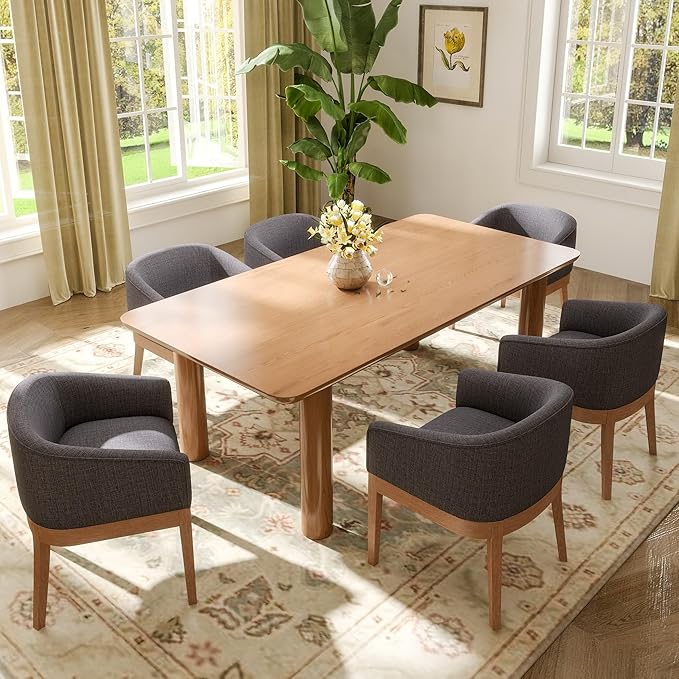 Mid-Century Modern Charcoal Dining Chairs Set of 4, Linen Upholstered Kitchen Dining Room Chairs with Wood Legs, Curved Backrest Armchairs, Charcoal