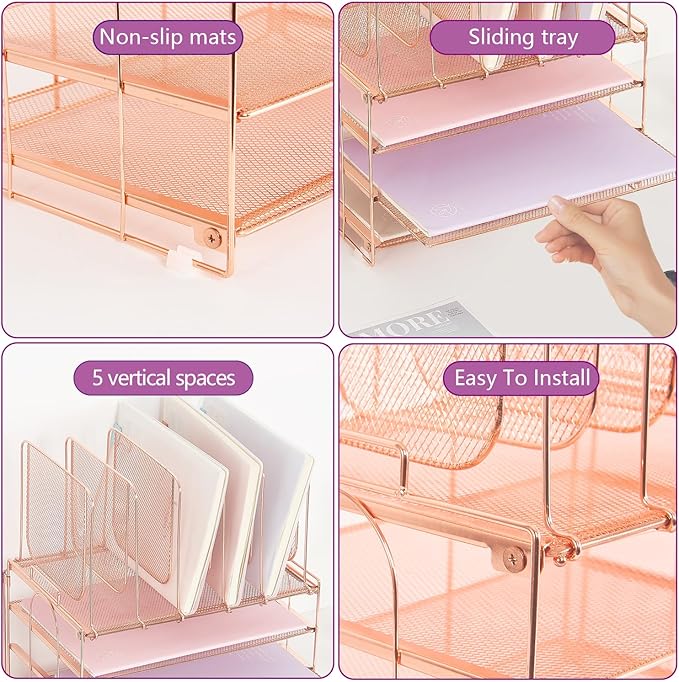 Desk Organizers and Accessories, 3-Tier Paper Organizer with 5 Vertical File Holders, File Organizer for Desk (Rose Gold, 3T)