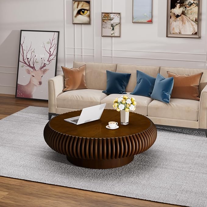 Round Drum Coffee Table for Living Room, Mid Century Modern Coffee Table with Sturdy Pedestal, Farmhouse Fluted Circle Center Table Accent Tea Table for Apartment (Large Walnut)
