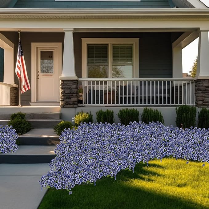 Lnoicy 24 Pcs Artificial Flowers for Outdoor,Plastic Flowers Decoration, UV Resistant Faux Flowers Shrubs, Artificial Plants for Indoor Outside Garden Home Wedding Farmhouse(Blue)