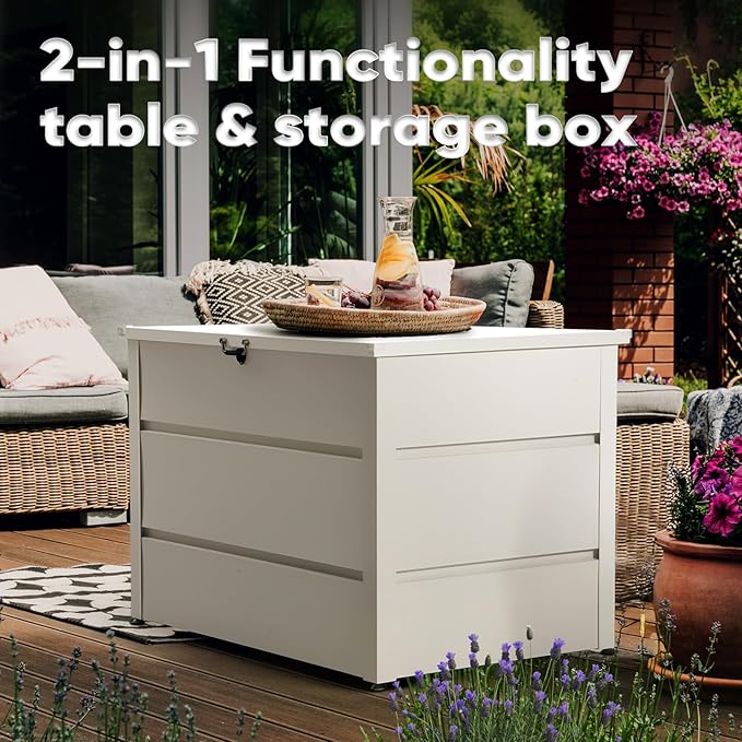 Quictent 150 Gallon Metal Outdoor Deck Box with Hydraulic Lid, Easy Assemble Waterproof Weather-Resistant Storage Bin, 660LBS Capacity for Patio/Garden/Poolside, White