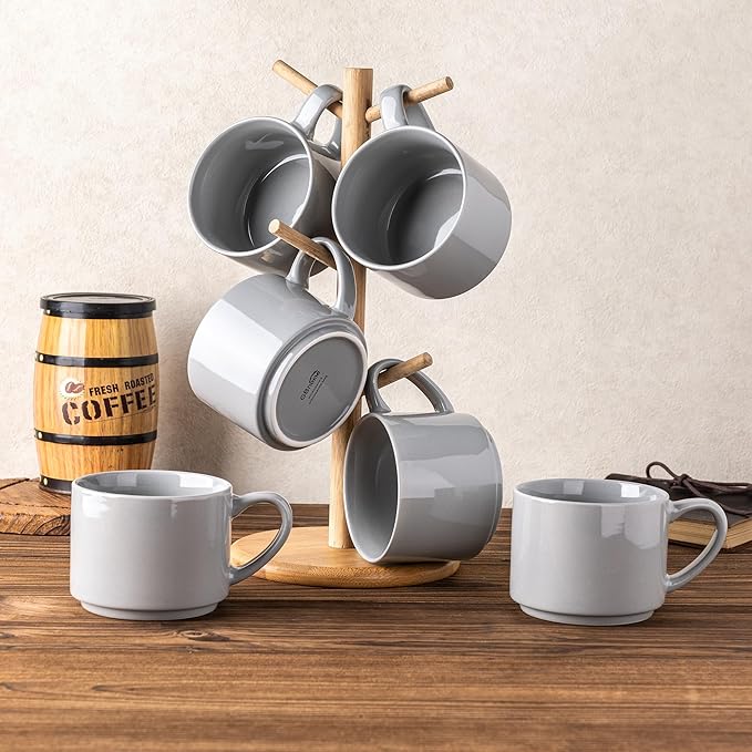 GBHOME 14OZ Stackable Ceramic Mugs Set of 6, Modern Coffee Mugs for Hot Drinks, Grey, 14 Fluid Ounces, 6 Count