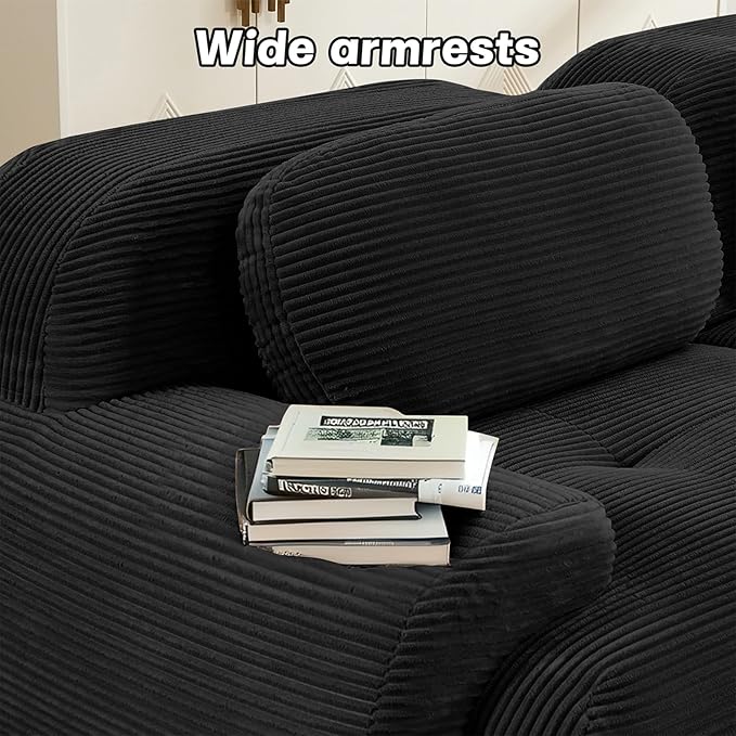 80" Modern Compressed Boneless Love Seat Couches, 2 Seater Large Sectional Couches for Living Room, Black Corduroy Cloud Modular Sectional Sofa, Memory Foam, Extra Deep Loveseat, No Assembly