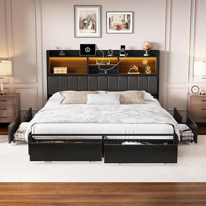 LARMACE King Bed Frame with 6 Storage Drawers, Bed Frame King Size with Linen Upholstered Headboard, Built in Charging Station and LED, No Noise, Metal Support, No Box Spring Needed,Vintage Black
