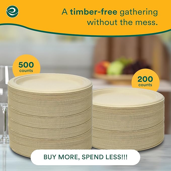 ECO SOUL Compostable Paper Plates 6 Inch (200 Count) Plates for Dessert, Heavy Duty, Eco-Friendly Sugarcane Bagasse Small Plates For Appetizer- Natural Brown
