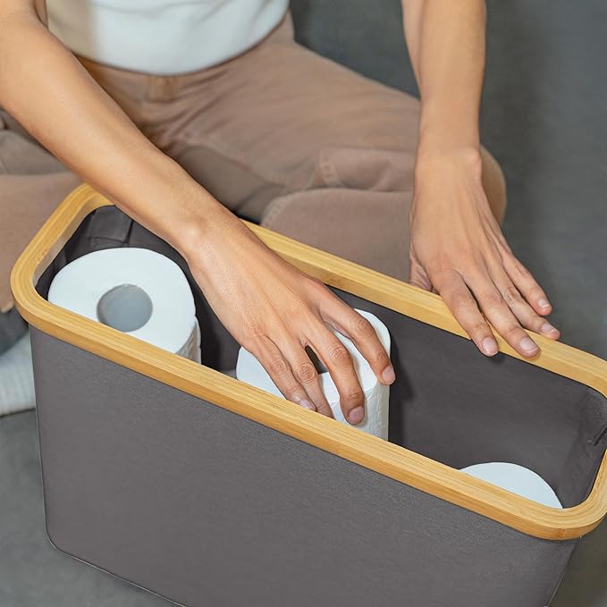 LONBET Toilet Paper Storage for 12 Rolls, Stackable & Foldable - The Ultimate Bathroom Organizer - Waterproof Basket with Bamboo Lid - Elegant Toilet Paper Storage Holder, Gray
