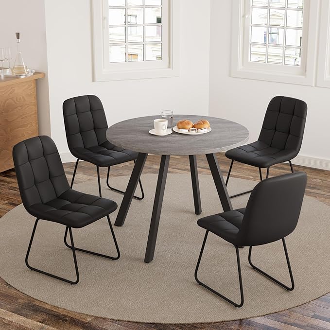 34.6'' Dining Table and Chairs for 4, Mid Century Modern Round Table Set, Space Saving for Apartment Kitchen Dining Room (Grey Table+4 U-Shaped Black Chairs)