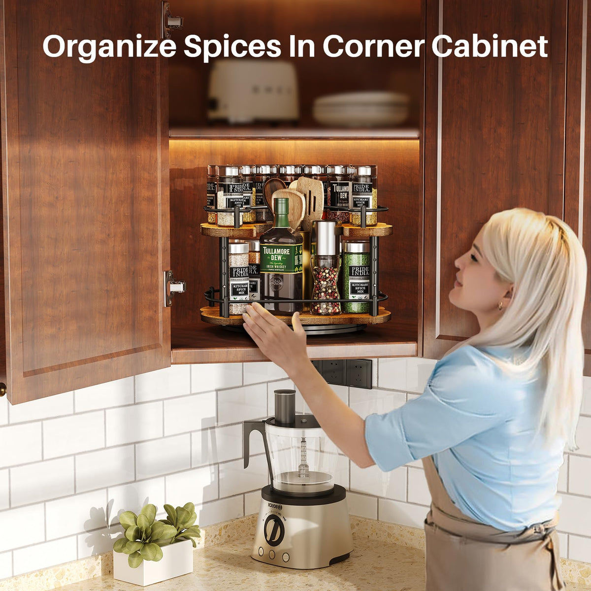 Lazy Susan Organizer Spice Rack - Spice Organization for Cabinet Height Adjustable Rotating Lazy Turntable, Pantry Kitchen Wood Revolving Seasoning Organizer, 12 inches, Black