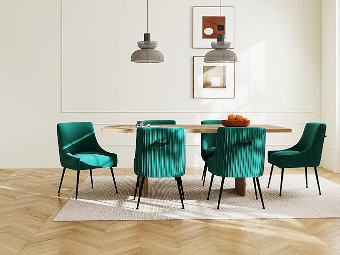 Velvet Dining Chairs Set of 6,Dark Green Upholstered Living Room Chairs with Black Metal Legs, Modern Tufted Accent Chairs for Living Room, Study Room, Kitchen