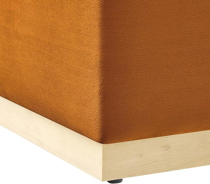 Modway Tilden 28 Inch Square Performance Velvet Upholstered Ottoman in Rust Natural - Large Ottoman Foot Rest with Rubberwood Plinth Base, Living Room Ottoman Coffee Table - Velvet Ottoman Table