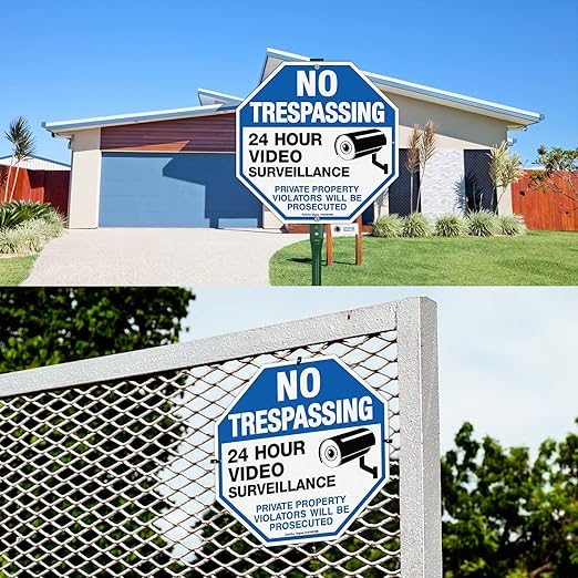 4-Pack No Trespassing Sign Private Property Protected By Video Surveillance Violators Will Be Prosecuted Sign, 10 x 10 Inch Reflective Aluminum, UV Protected, Weather/Fade Resistant, Easy to Install