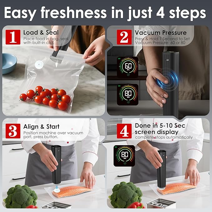 Vacuum Sealer, Portable handheld Vacuum Sealer + 30 Reusable Vacuum Bags, Portable Food Sealer, With LED pressure display