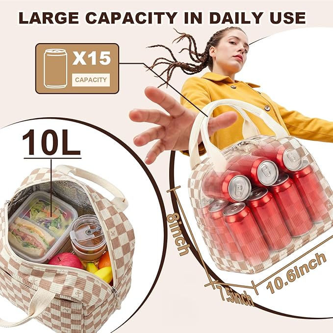 LEDAOU Lunch Box for Women Insulated Lunch Bag Corduroy Lunch Tote Bags Leakproof Cooler Lunch Case for Travel Work Picnic (rown Checkered Bow)