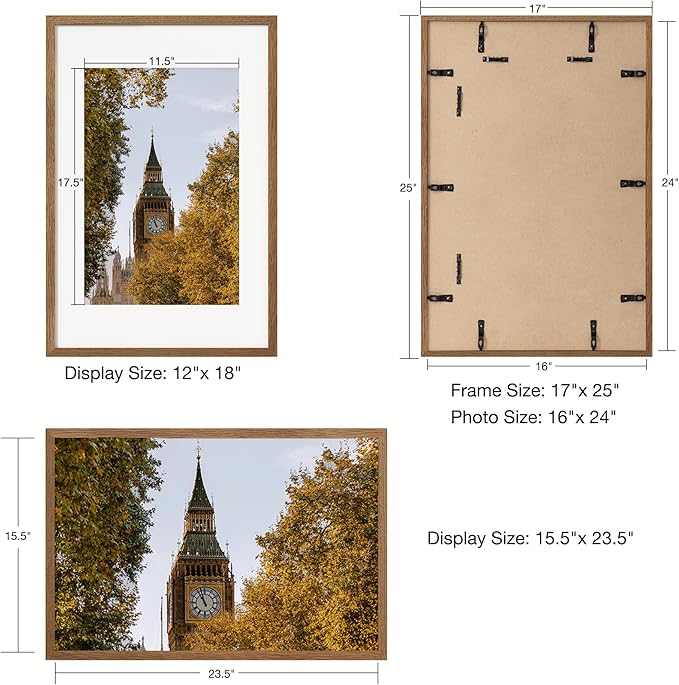 Axeman 16x24 Frame With Mat for 12x18, Solid Oak Wood 16x24 Poster Frame With Tempered Glass, 16 x 24 Picture Frame for Wall, 16 by 24 Wood Frame for Home Decor, Hanging Hardware included, Walnut