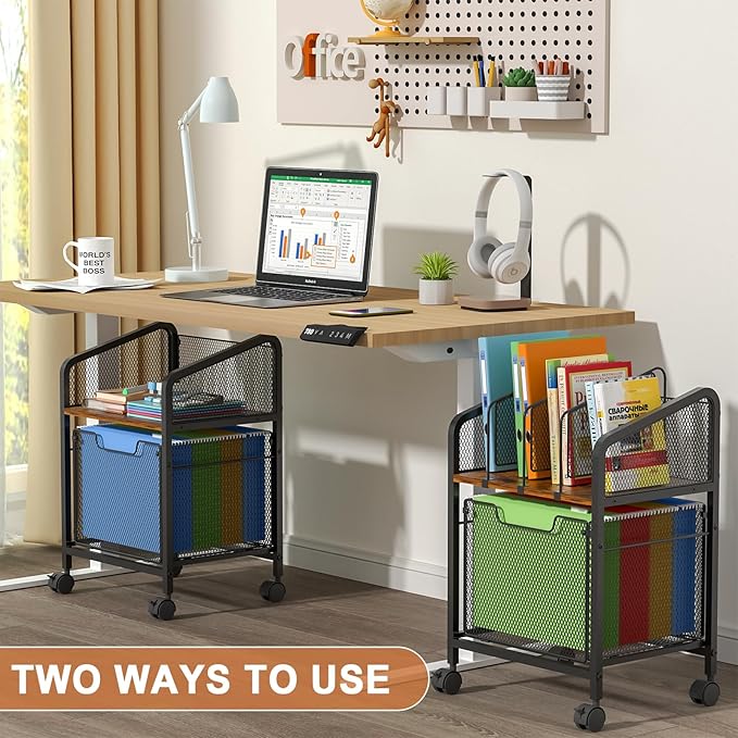 Rolling File Cabinet with Adjustable Dividers, Vertical Filing Cabinet with Storage Drawer on Lockable Wheels, Hanging File Organizer Beside Under Desk for Office, Home(Patent Pending)