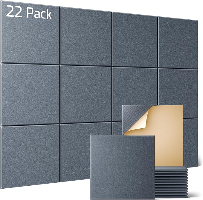Sonicism 22 Pack Acoustic Wall Panels with Self-Adhesive, 12" X 12" X 0.4" Sound Proof Foam Panels, Decorative Soundproof Wall Panels, Sound Proof Absorbing Tiles for Home & Offices, Gray