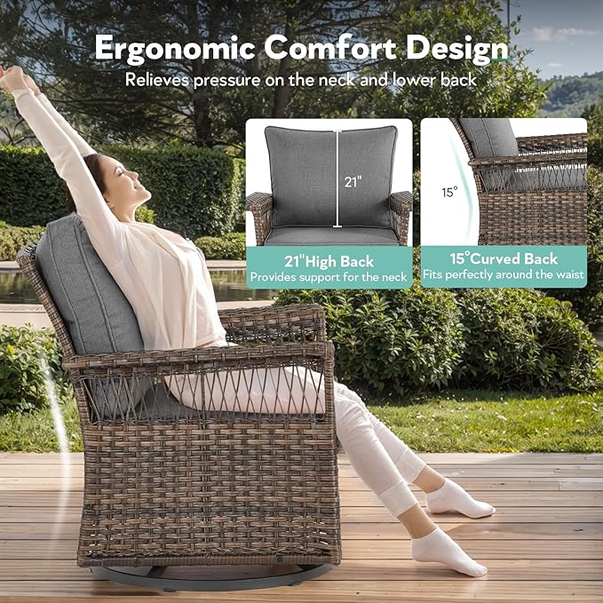 Outdoor Swivel Glider Chairs Set of 2 - Hollow Widen Armrests Wicker Patio Furniture Set, Comfortable High Back Outside Swivel Rocker for Balcony Porch Deck and Yard - Brown/Gray